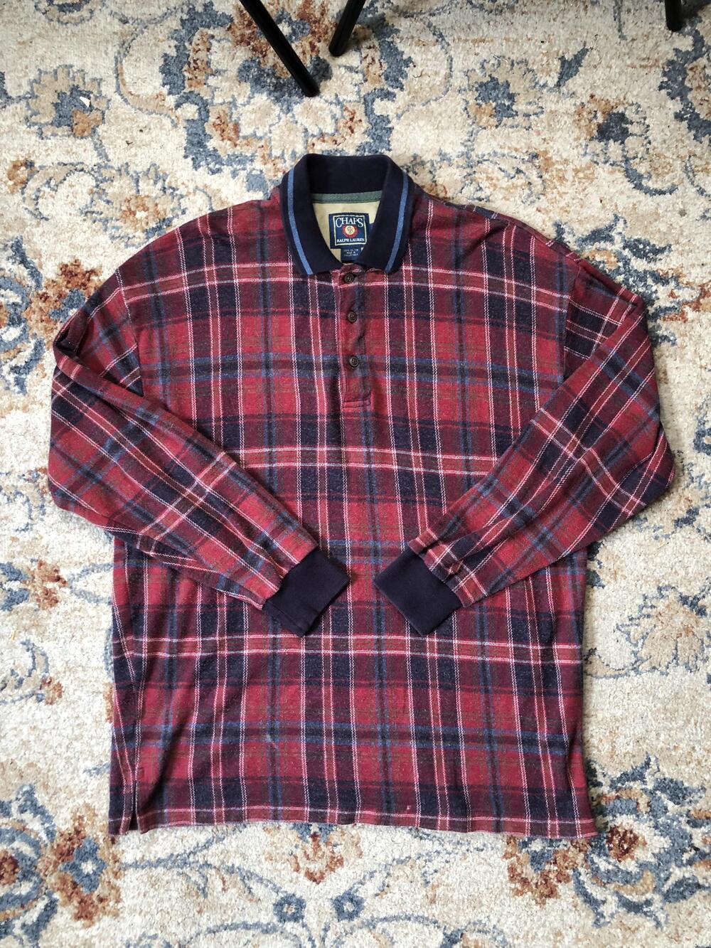 Vintage Chaps Ralph Lauren Pullover Mens Medium Red Navy Plaid Long Sleeve 90s